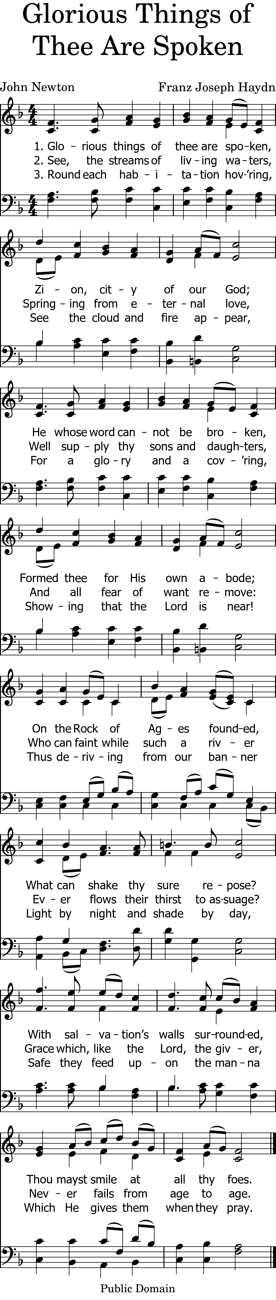 Legible, audible sheet music. Words by John Newton (1725-1807), 1779
Tune: AUSTRIAN HYMN by Franz Joseph Haydn (1732-1809), 1797
Key signature: F major (1 