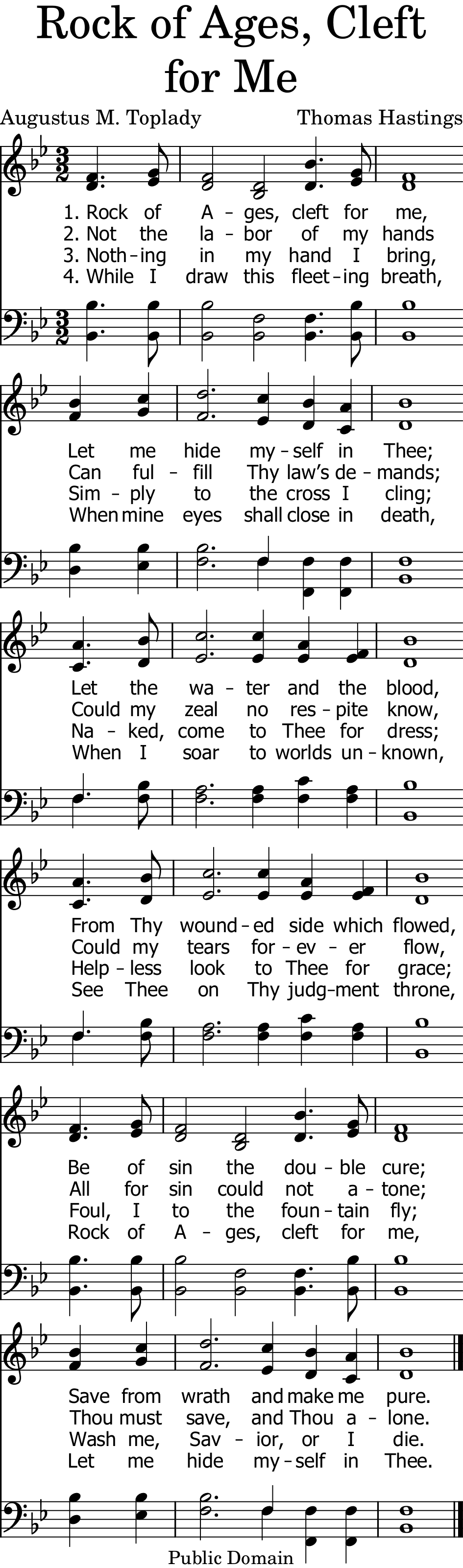Legible, audible sheet music. Words by Augustus M. Toplady, 1776
Tune: TOPLADY by Thomas Hastings, 1830
Key signature: B flat major (2 flats)
Public Domain