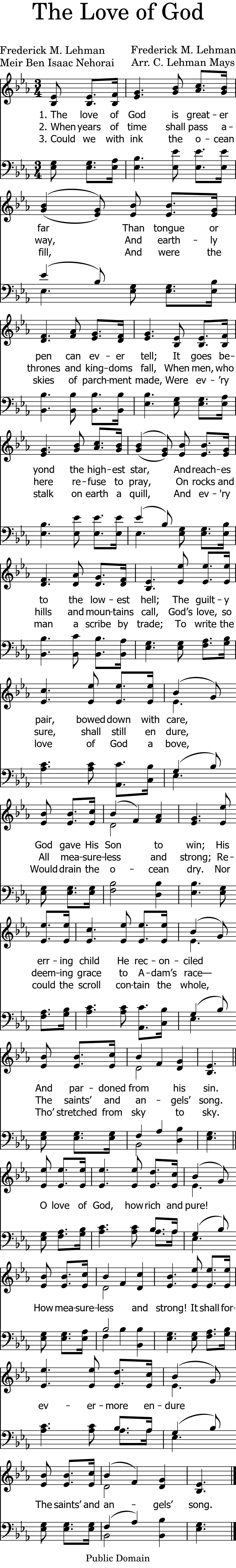 Legible, audible sheet music. Words by Frederick M. Lehman (1868-1953), 1917 in Pasadena, California. Third verse based on the Jewish poem Haddamut, writte